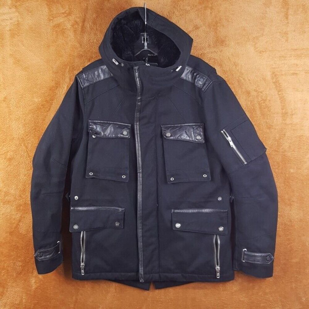 THE KOOPLES Mens Coat Medium Black Zip Up Parka Heavyweight Utility Leather Trim